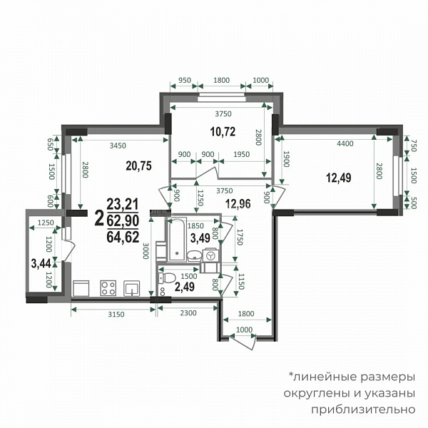 2-к квартира, 64.62 кв.м.