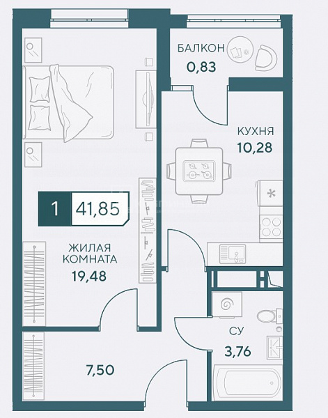 1-к квартира, 41.85 кв.м.