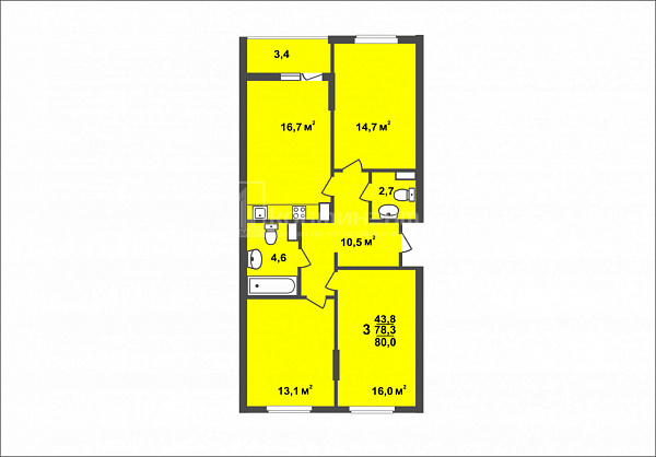 3-к квартира, 80 кв.м.