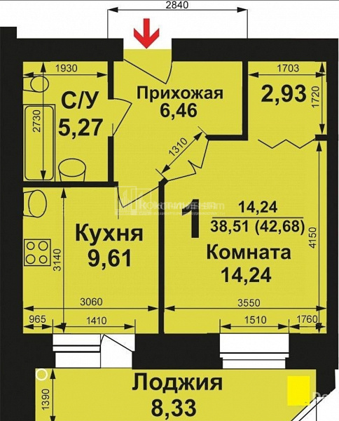 1-к квартира, 44 кв.м.